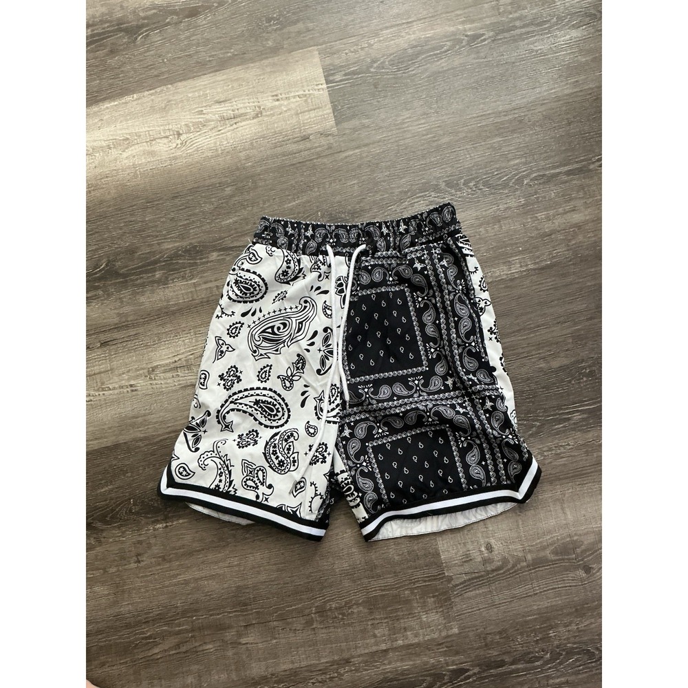 ROMWE Mens Bandana Paisley Mesh Basketball Shorts Black White Split Print Small